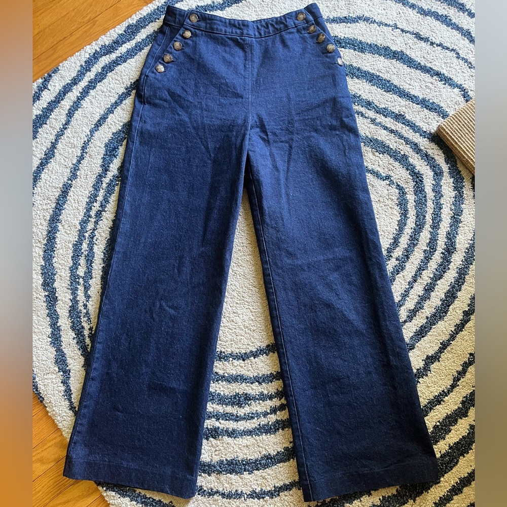 Sézane Marino denim sailor jeans trousers button-up wide leg pants EU 42 US 10